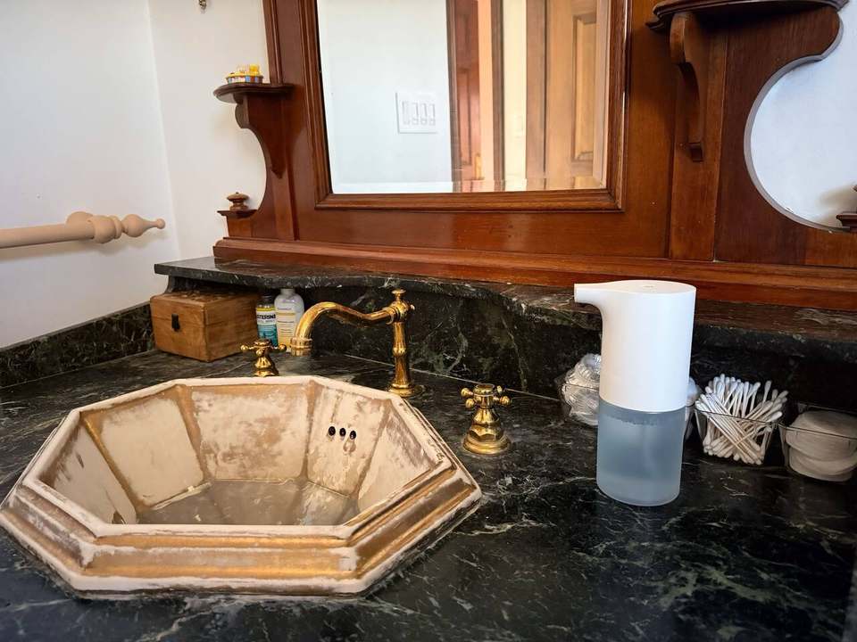 Gold-trimmed hexagonal sink on a dark marble counter under a carved wood mirror